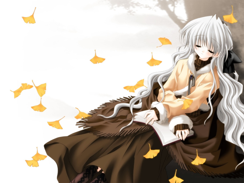 1girl, against_tree, autumn, autumn_leaves, book, closed_eyes, coat, highres