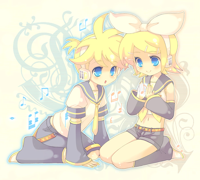 blonde_hair, blue_eyes, bow, brother_and_sister, detached_sleeves, headset, kabuteriko, kagamine_len