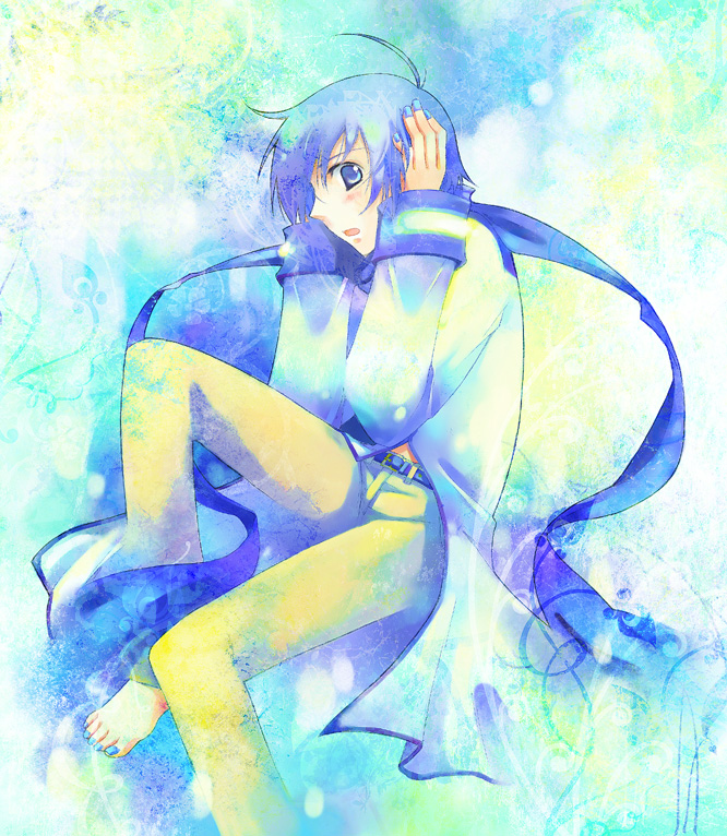 bad_id, barefoot, blue_hair, kabuteriko, kaito, male, scarf, sokomushi