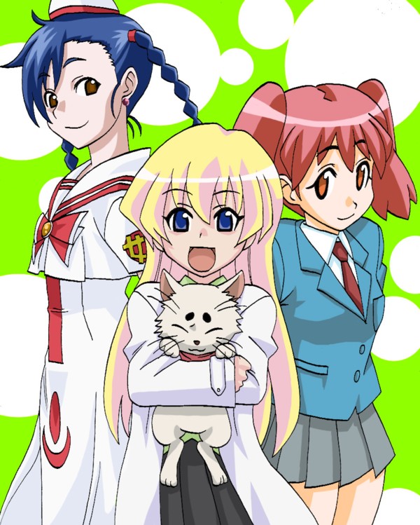 3girls, :d, ^_^, aika_granzchesta, animal, aria, blonde_hair, blue_eyes