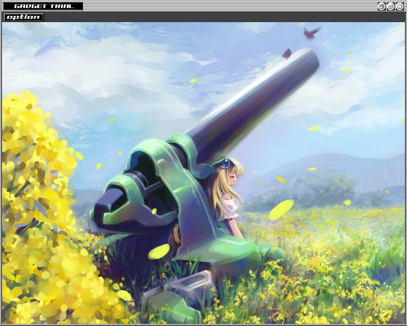 1girl, bangs, bird, blonde_hair, cannon, closed_eyes, clouds, ein_(long_cake)