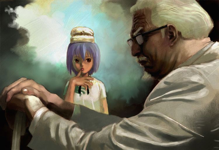 1boy, 1girl, beard, bisuke-tan, black-framed_eyewear, black-framed_glasses, blue_hair, blurry_background