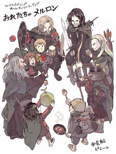 6+boys, alcohol, apple, aragorn, arrow, axe, beer, blonde_hair, boromir, bow_(weapon), brown_hair, cape, cover, dwarf, elf, everyone, fantasy, food, frodo_baggins, fruit, frying_pan, gandalf, gimli, grey_hair, halfling, hat, helmet, hobbit, john_ronald_reuel_tolkien, legolas, lord_of_the_rings, male_focus, meriadoc_brandybuck, middle_earth, multiple_boys, peregrin_took, pippin_(lotr), pointy_ears, pun, samwise_gamgee, shield, smile, staff, sword, the_fellowship_of_the_ring, translated, translation_request, weapon, wizard