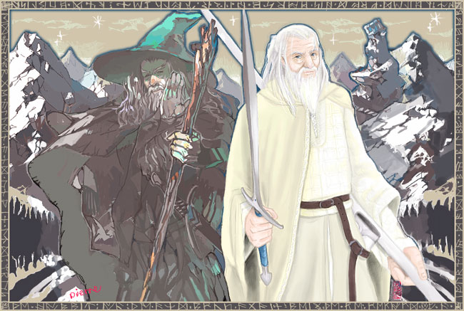 2boys, beard, belt, dual_persona, facial_hair, fantasy, gandalf, gandalf_the_grey
