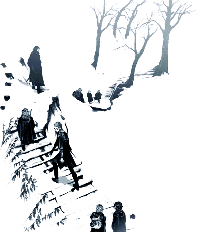 6+boys, aragorn, backpack, bag, bare_tree, boromir, bow_(weapon), bridge