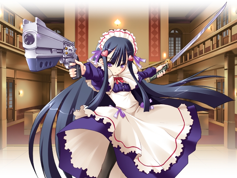 1girl, battle, blue_hair, combat_maid, dress, game_cg, gun, hair_ornament, handgun, long_hair, maid, nakadachiuri_shiraha, oshiete_re:maid, ozawa_akifumi, pantyhose, revolver, solo, sword, thigh-highs, very_long_hair, violet_eyes, weapon