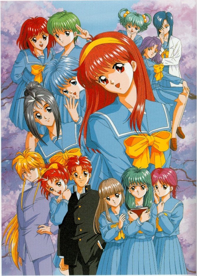 1boy, 6+girls, 90s, androgynous, asahina_yuko, bangs, blonde_hair, blue_eyes