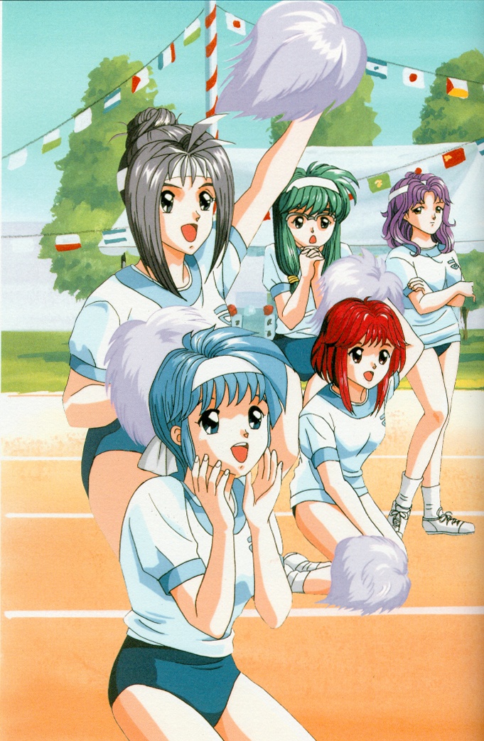 5girls, 90s, asahina_yuko, bandanna, blue_eyes, blue_hair, crossed_arms, glasses