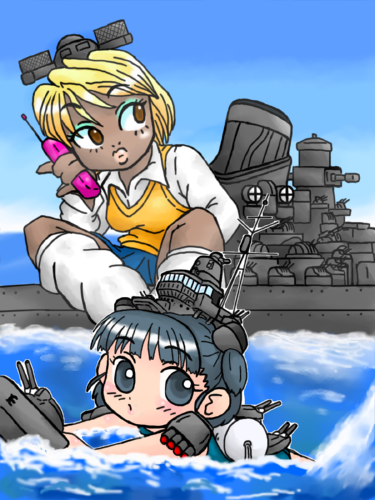 2girls, battleship, cellphone, destroyer, ganguro, imperial_japanese_navy, lowres, mecha_musume, military, momoiro_kaba, multiple_girls, original, personification, phone, ship, warship, watercraft, yamato