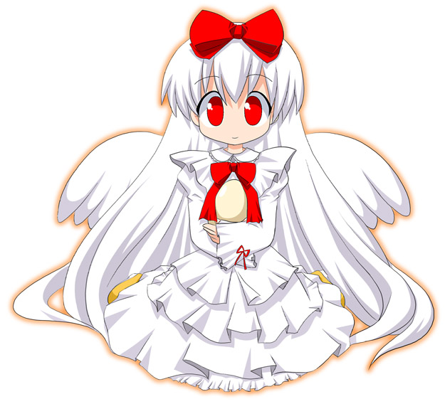 1girl, albino, angel, angel_wings, bow, dress, hair_ribbon, hug