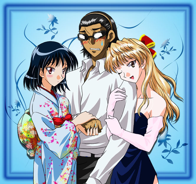 00s, 1boy, 2girls, dress, elbow_gloves, girl_sandwich, gloves, harima_kenji