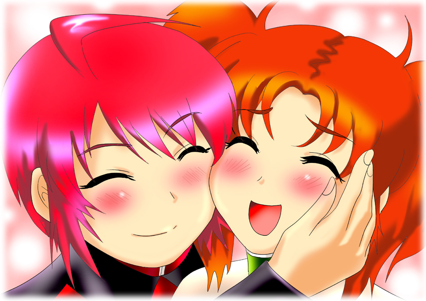 00s, 2girls, ahoge, blush, cheek_press, face, gundam, gundam_seed, gundam_seed_destiny, lunamaria_hawke, meyrin_hawke, multiple_girls, psycha_(artist), redhead, siblings, sisters, smile