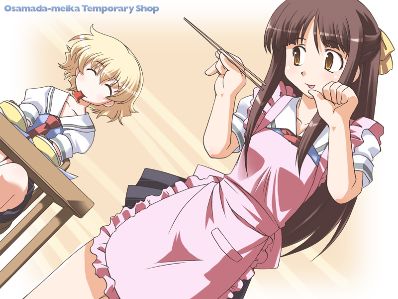 2girls, ^_^, apron, blonde_hair, brown_hair, chair, chopsticks, closed_eyes