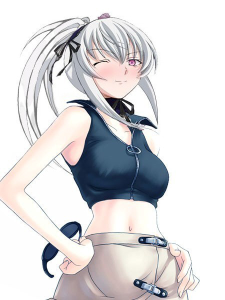 00s, 1girl, alternate_costume, blush, midriff, older, one_eye_closed, photoshop