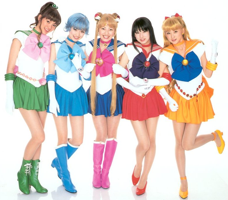 5girls, aino_minako, bishoujo_senshi_sailor_moon, blonde_hair, blue_boots, blue_hair, blue_shoes, blue_skirt, boots, bow, cosplay, everyone, green_boots, green_shoes, green_skirt, hino_rei, inner_senshi, kino_makoto, knee_boots, long_hair, magical_girl, mizuno_ami, multiple_girls, orange_skirt, pantyhose, photo, pink_bow, pretty_guardian_sailor_moon, red_bow, red_shoes, red_skirt, sailor_jupiter, sailor_mars, sailor_mercury, sailor_moon, sailor_senshi, sailor_venus, school_uniform, serafuku, shoes, skirt, tsukino_usagi, victory_rolls, white_background, yellow_shoes