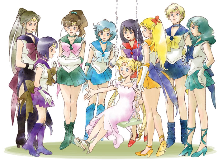 6+girls, 90s, aino_minako, bishoujo_senshi_sailor_moon, blonde_hair, blue_boots, blue_bow, blue_eyes, blue_hair, blue_skirt, boots, bow, brown_bow, everyone, green_boots, green_skirt, half_updo, hino_rei, kaiou_michiru, kino_makoto, knee_boots, long_hair, magical_girl, meiou_setsuna, mizuno_ami, multiple_girls, noeen, orange_skirt, pink_bow, ponytail, princess, princess_serenity, purple_boots, purple_bow, purple_skirt, red_bow, sailor_jupiter, sailor_mars, sailor_mercury, sailor_neptune, sailor_pluto, sailor_saturn, sailor_senshi, sailor_uranus, sailor_venus, skirt, swing, ten'ou_haruka, tomoe_hotaru, traditional_media, tsukino_usagi, watercolor_(medium), white_background, yellow_bow