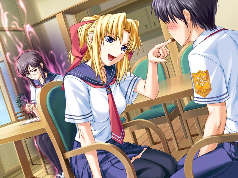 1boy, 2girls, black_hair, blonde_hair, blue_eyes, blush, chair, food, game_cg, glasses, hair_ribbon, jealous, kiriya_erika, long_hair, miniskirt, multiple_girls, pantyhose, pink_eyes, pointing, ponytail, ribbon, school_uniform, serafuku, shironeko_sanbou, short_hair, sitting, skirt, thigh-highs, tsushima_leo, tsuyokiss, yashi_nagomi, zettai_ryouiki