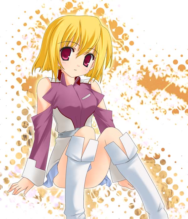 00s, 1girl, bare_shoulders, blonde_hair, boots, chuujou_kagetsu, gundam, gundam_seed