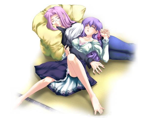 2girls, akari_maki, barefoot, breasts, cleavage, fate/stay_night, fate_(series), feet
