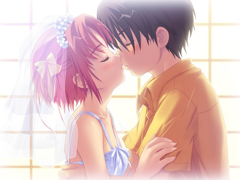 1boy, 1girl, black_hair, bow, bridal_veil, couple, game_cg, hair_bow