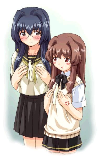 00s, 2girls, between_breasts, blue_hair, blush, bottle, breast_envy, breasts