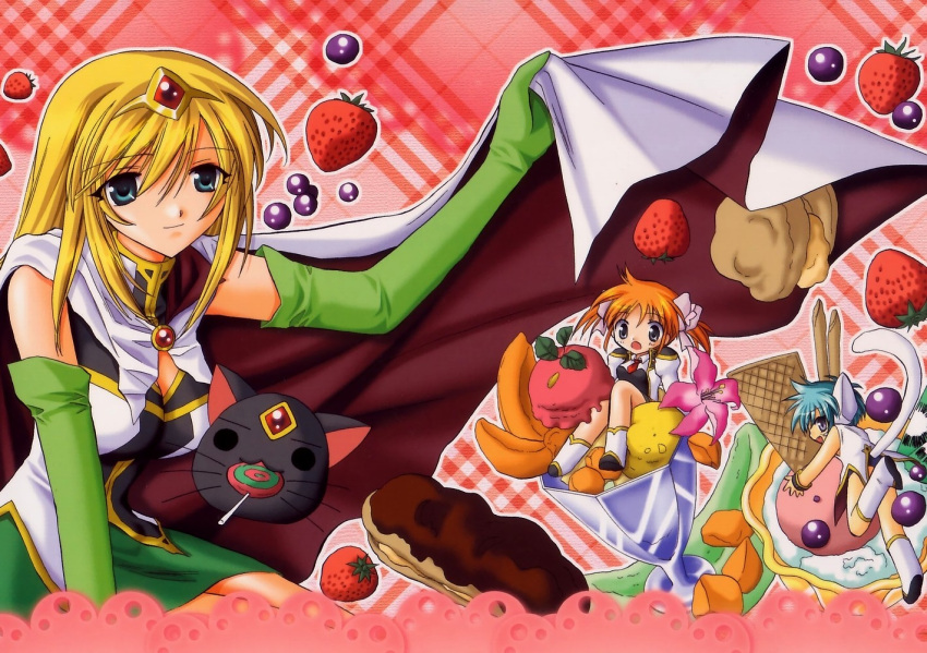 00s, 3girls, apricot_sakuraba, aqua_eyes, blonde_hair, broccoli_(company), candy, cape
