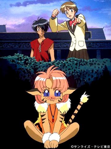 1boy, 2girls, 90s, :3, animal_ears, black_hair, blue_eyes, blush, brown_hair, cat_ears, cat_tail, hair_over_one_eye, jewelry, kanzaki_hitomi, lowres, merle, merle_(tenkuu_no_escaflowne), multiple_girls, pendant, pink_hair, pointing, school_uniform, screencap, serafuku, short_hair, tail, tenkuu_no_escaflowne, tiger_stripes, van_fanel