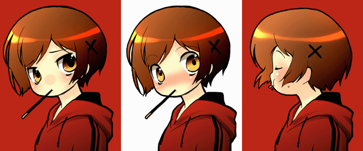 1girl, blush, brown_hair, chibi, eating, food, pocky, suzuki_kokono