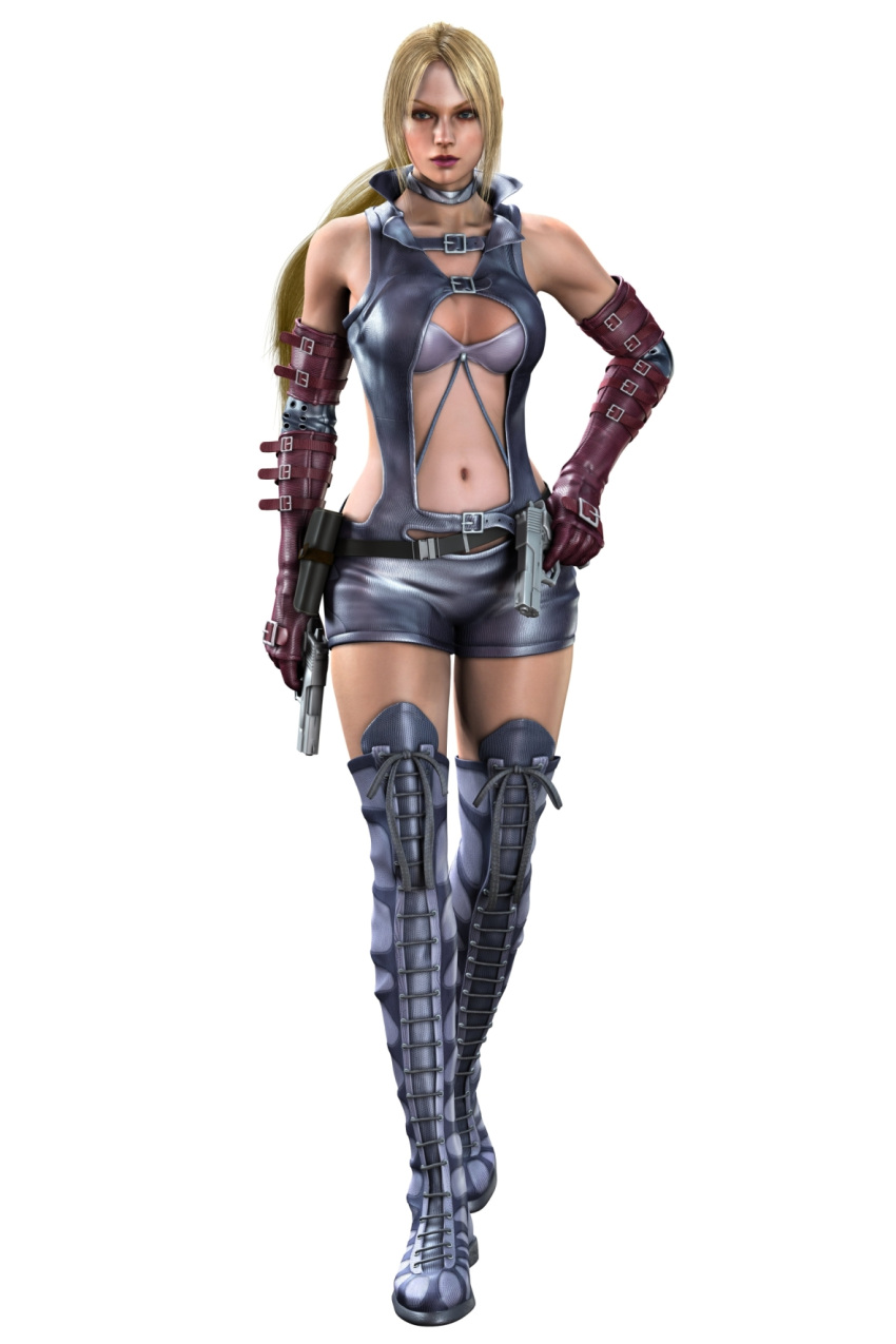 1girl, 3d, belt, blonde_hair, buckle_straps, death_by_degrees, dual_wielding, elbow_gloves, gloves, gun, highres, holster, laceups, nina_williams, official_art, ponytail, render, solo, tekken, thigh-highs, weapon