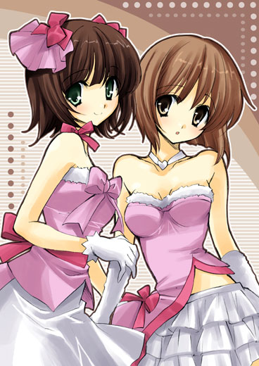 2girls, amami_haruka, bare_shoulders, bow, brown_eyes, brown_hair, cute_&amp;_girly_(idolmaster), gloves