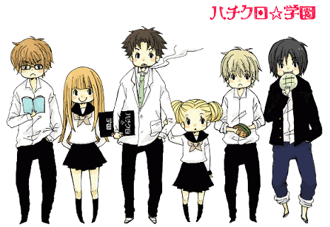 2girls, 4boys, :<, black_skirt, blonde_hair, blush, book, brown_eyes