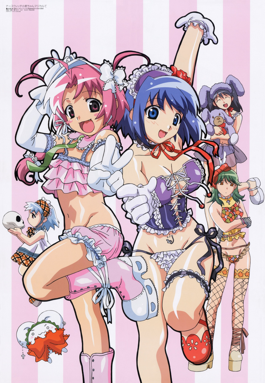 00s, 5girls, :<, :3, :d, ^_^, age_difference, ahoge, akiba_megumi, animal_ears, ankle_ribbon, aqua_hair, arm_up, bangs, bare_shoulders, beads, bloomers, blue_eyes, blue_hair, blush, blush_stickers, boots, bow, braid, breasts, buckle, bustier, camisole, chemise, child, choker, cleavage, closed_eyes, corset, crop_top, cross, cross-laced_clothes, cross_earrings, crossed_arms, detached_sleeves, dress, earrings, elbow_gloves, fake_animal_ears, fang, fishnet_gloves, fishnet_legwear, fishnets, flat_chest, flipped_hair, foreshortening, frilled_panties, frills, from_side, front-tie_top, garters, gloves, green_hair, groin, hair_bow, hair_ribbon, hairband, halterneck, happy, head_tilt, highres, hips, huge_breasts, jewelry, kemonomimi_mode, knee_boots, kokubunji_koyori, lace, large_breasts, leg_garter, leg_lift, legwear, lingerie, lolita_hairband, long_hair, looking_at_viewer, low-tied_long_hair, lowleg, lowleg_panties, magazine_scan, megami, midriff, mound_of_venus, mugi-maru, mugimaru, multiple_girls, nakahara_komugi, navel, navel_piercing, necktie, nurse_witch_komugi-chan, nurse_witch_komugi-chan_magikarte, o_o, official_art, one_leg_raised, open_mouth, outstretched_arm, panties, parted_bangs, piercing, pink_boots, pink_eyes, pink_hair, plaid, platform_footwear, pointing, pointing_at_viewer, rabbit_ears, red_eyes, ribbon, sakurai_asuka, satou_riku, satou_taka, scan, see-through, shoes, short_dress, short_hair, side-tie_panties, silver_hair, simple_background, skull, smile, standing, standing_on_one_leg, strapless, string_panties, striped, stuffed_animal, stuffed_bunny, stuffed_toy, thigh-highs, tied_hair, tokisaka_runa, torn_clothes, torn_thighhighs, twintails, two_side_up, underwear, underwear_only, v, vertical-striped_background, vertical_stripes, white_gloves, white_panties