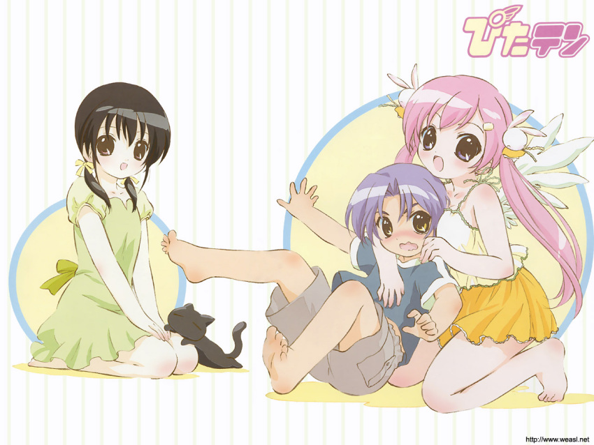 1boy, 2girls, :d, angel, barefoot, black_hair, blush, bunny_hair_ornament