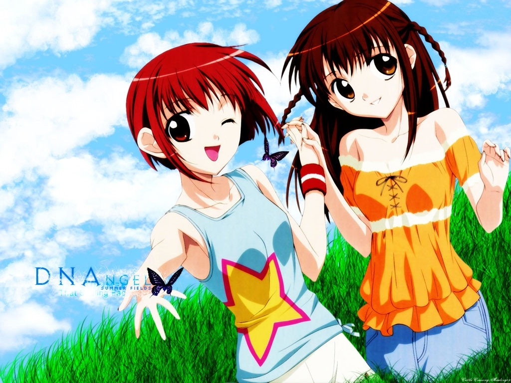 2girls, bare_shoulders, braid, brown_eyes, brown_hair, butterfly, dnangel, hand_holding
