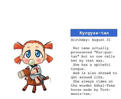 1girl, afghanis-tan, afuganisu-tan, akachan, baby, blue_eyes, character_profile, chibi, kyrgyzs-tan, lowres, orange_hair, pacifier, parody, sitting, sitting_on_object, solo, timaking, white_background