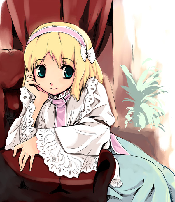 1girl, alice_margatroid, aqua_eyes, blonde_hair, bow, chin_rest, couch, female