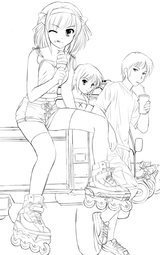 1boy, 2girls, :q, camisole, car, couple, crop_top, drink