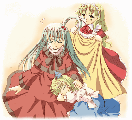 3girls, alice_margatroid, alice_margatroid_(pc-98), blanket, blonde_hair, closed_eyes, dress, female