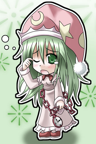 1girl, chibi, female, green_eyes, green_hair, hat, kazami_yuuka, kazami_yuuka_(pc-98)