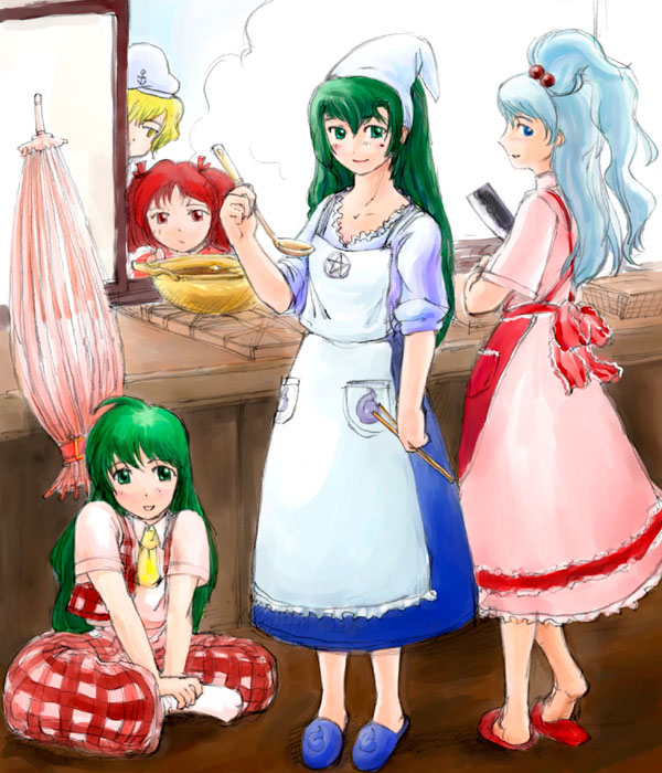 5girls, ascot, blonde_hair, blue_eyes, cleaver, closed_umbrella, female, green_eyes