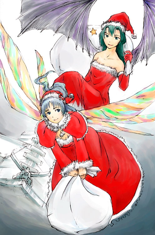 2girls, female, goddess, green_eyes, green_hair, long_hair, mima, multiple_girls