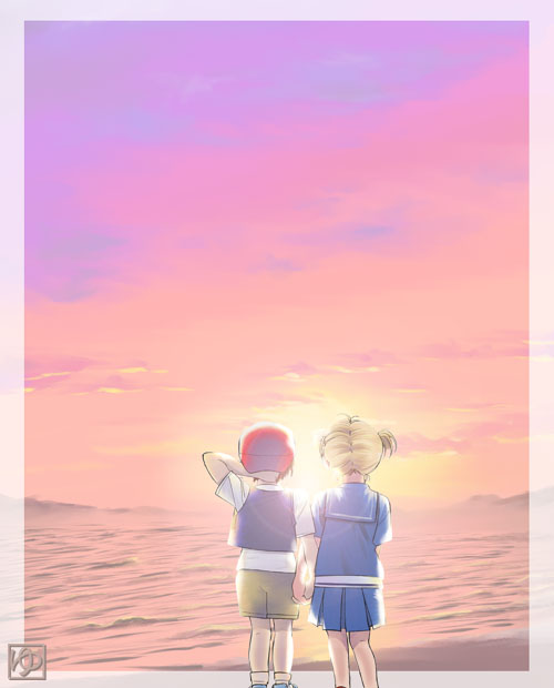 1boy, 1girl, baseball_cap, blonde_hair, blue_sky, brown_hair, couple, from_behind