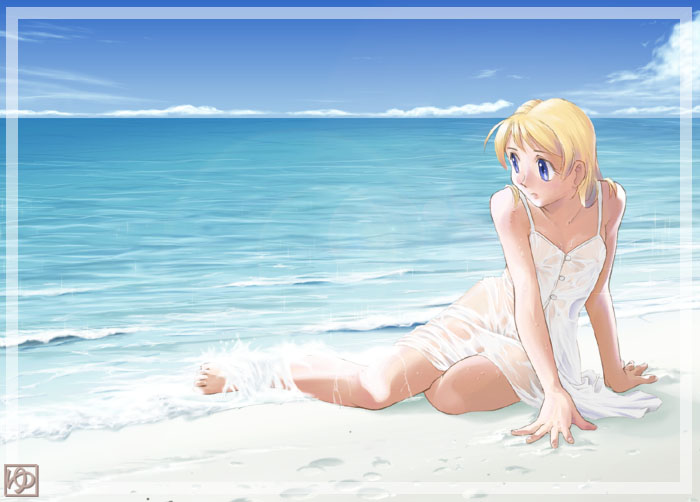 barefoot, beach, blonde_hair, blue_eyes, feet, iuro, long_hair, original