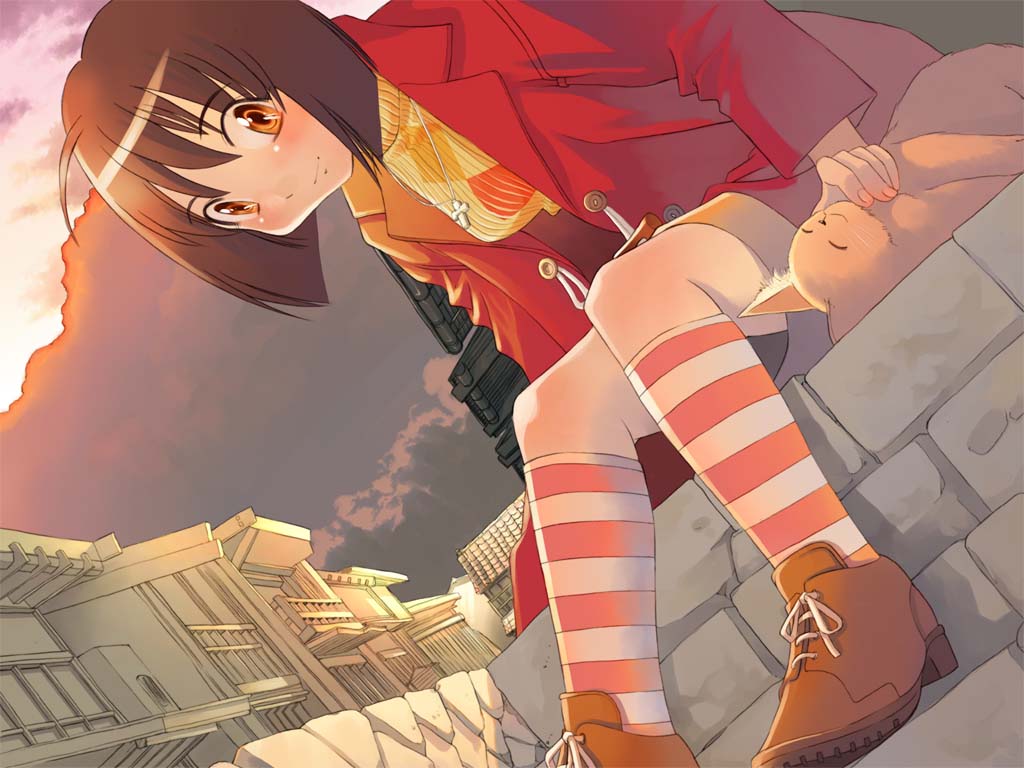 1girl, aida_nana, brown_eyes, brown_hair, cat, cross, cross_necklace, dutch_angle, iuro, jewelry, kneehighs, nanaha, necklace, nejire, socks, solo, striped