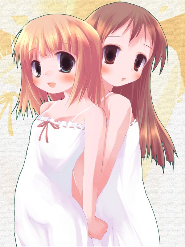 2girls, back-to-back, bare_shoulders, blush, brown_eyes, brown_hair, child, dress, gradient_hair, green_eyes, hako_(dollspro), multicolored_hair, multiple_girls, open_mouth, ribbon, sundress, white_dress, yellow_background, younger, yuri