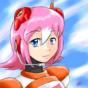 1girl, blue_eyes, capcom, headset, lowres, nana_(rockman), oekaki, pink_hair
