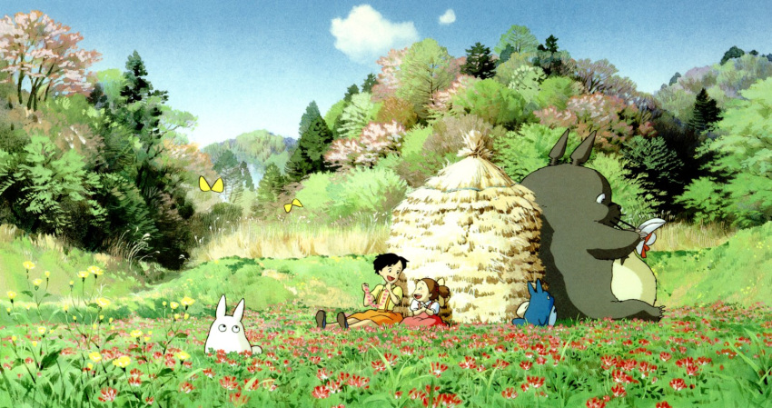 2girls, 80s, :d, against_wall, animal, blue_sky, bush, butterfly