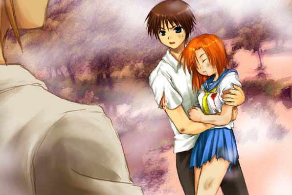 1girl, 2boys, angry, blood, blue_eyes, brown_hair, catch, closed_eyes