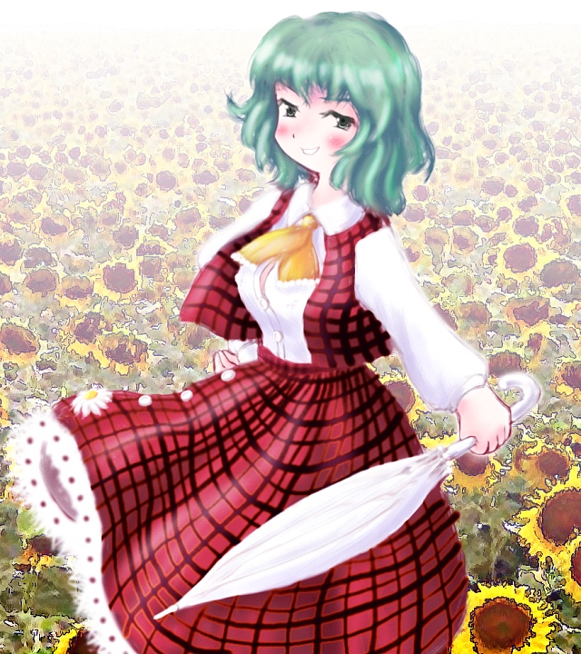 1girl, asayuba, ascot, blush, closed_umbrella, female, flower, green_eyes