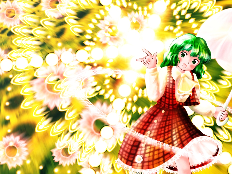 1girl, :d, asayuba, ascot, danmaku, female, green_eyes, green_hair